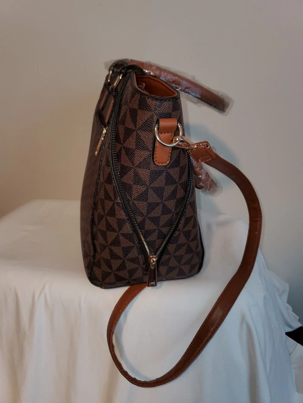 Brown Geometric Pattern Satchel Handbag - Unbranded